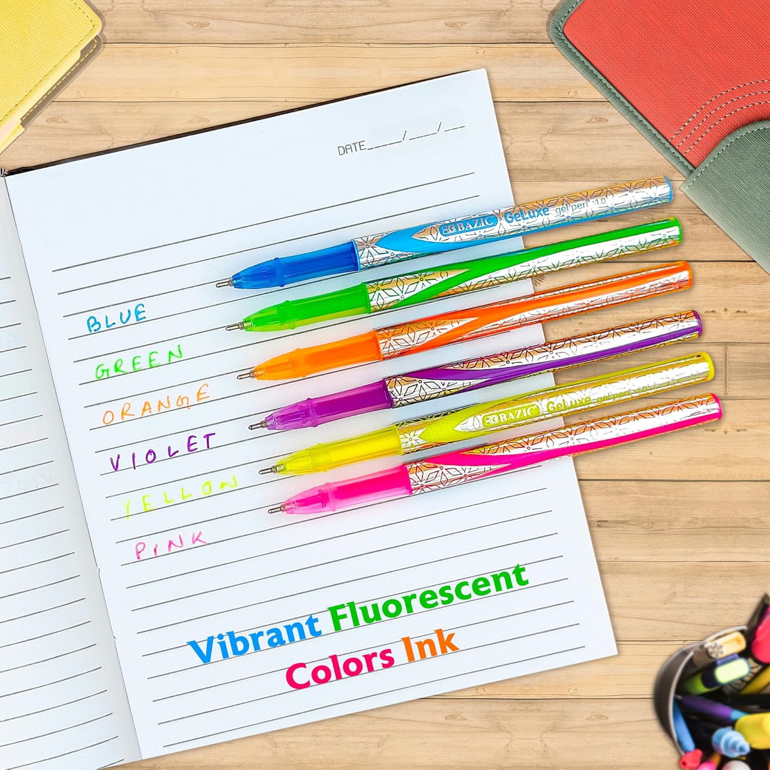 BAZIC Products GeLuxe Gel Ink Roller Pen, Assorted Fluorescent Colors, 1.0 mm Medium Point, Smooth Writing Rollerball Pens, for Office School (6/Pack), 24-Pack
