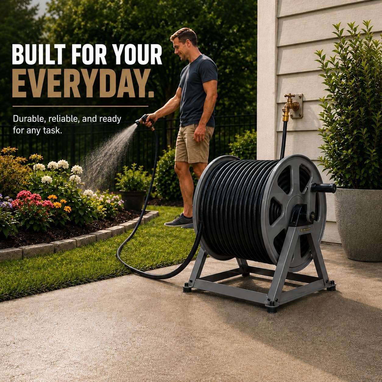Dual Floor and Wall Mounted Garden Hose Reel, Holds 200ft of Water Hose, Heavy Duty Metal Hose Reel, Space Saving Hose Reel Organizer for Yard, Garage & Shed (Graphite)