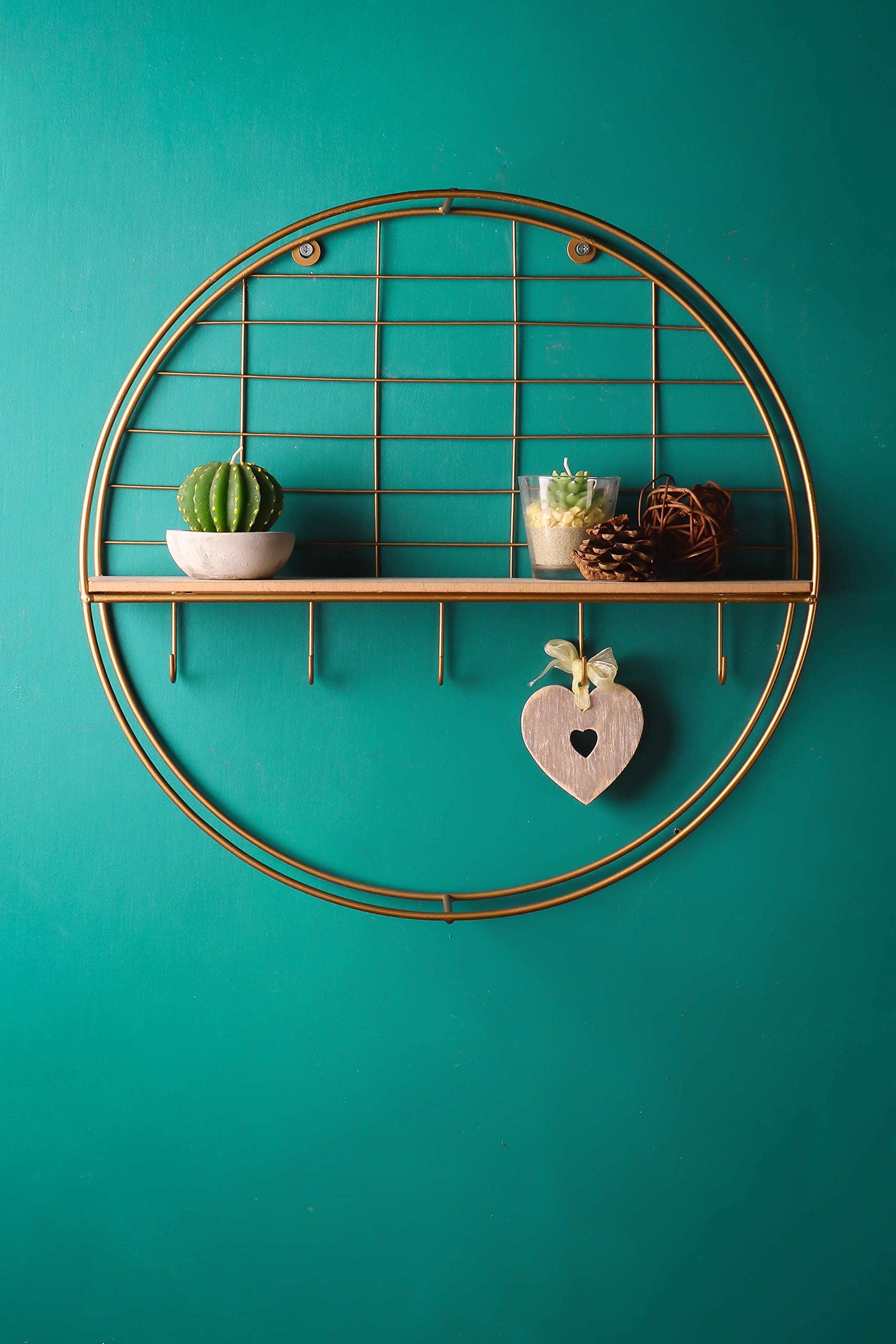 Round Gold Wall Shelf Circle Shelving Rack Unit Wire Metal Wood Storage Hooks