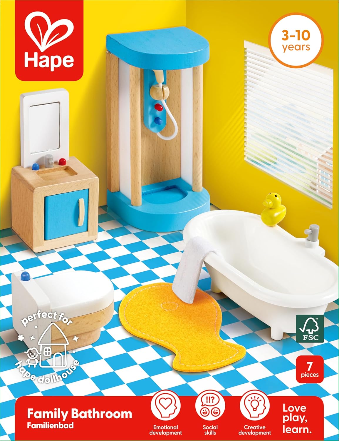 Hape Wooden Doll House Furniture Family Bathroom Set| Pretend Playset for Kid’s Wooden Dollhouse
