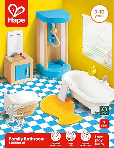 Miniatura 4 de Hape Muebles de casa de muñecas de madera, juego de baño familiar | Juego de simulación para casa de muñecas de madera para niños