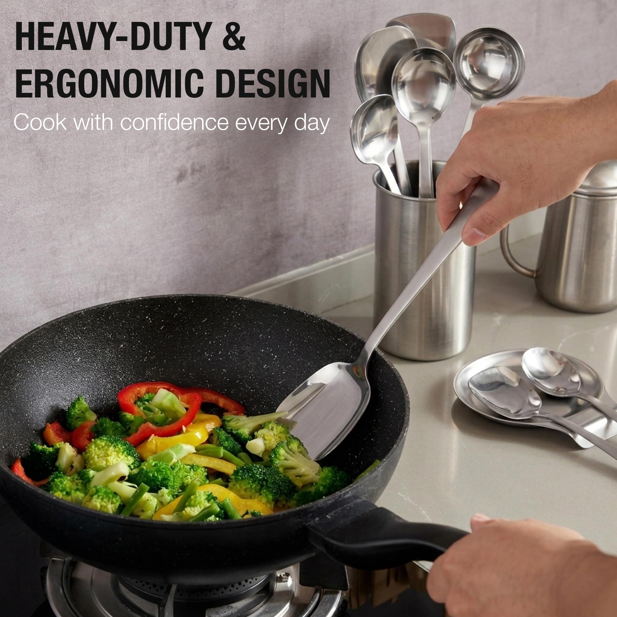 CRAFTONE Edelstahl Küchenutensilien 6er Set Servierlöffel Kochlöffel Schöpflöffel Pfannenwender Reislöffel Oval Löffel Spatel Set