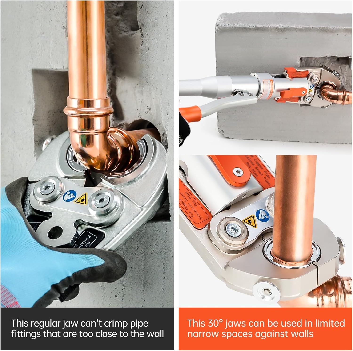 ibosad copper tube fittings hydraulic pipe crimping tool with with 30° angle jaw with 1/2,3/4 and 1 inch jaw copper pipe propress crimper pressing plier (with 30-degree angle jaw for copper pipe)