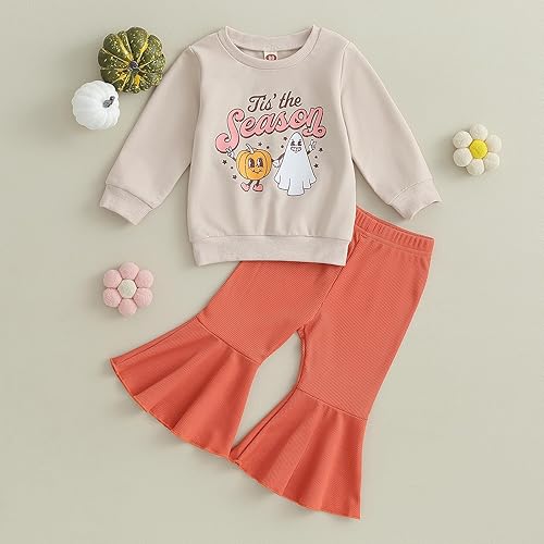 Miniatura 2 de LAGKIYOJ Conjunto de sudadera de Halloween para niña pequeña, sudadera de cuello redondo y pantalón acampanado de terciopelo, ropa de otoño para niña