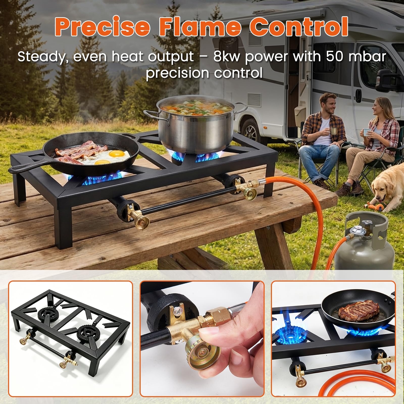 Doppelbrenner Gaskocher 8 kW Campingkocher Outdoor 2-Flammig Tragbarer Gasherd mit Schlauch & Druckminderer