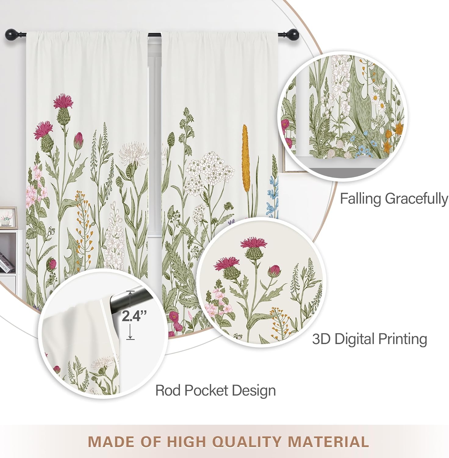 Riyidecor Wildflower Curtains Floral 52 x 84 Inch Green Leaves Botanical Printed Rod Pocket Artwork Wild Flower Plant Ivy Herbs Rustic Living Room Bedroom Window Drapes Treatment Fabric 2 Panels