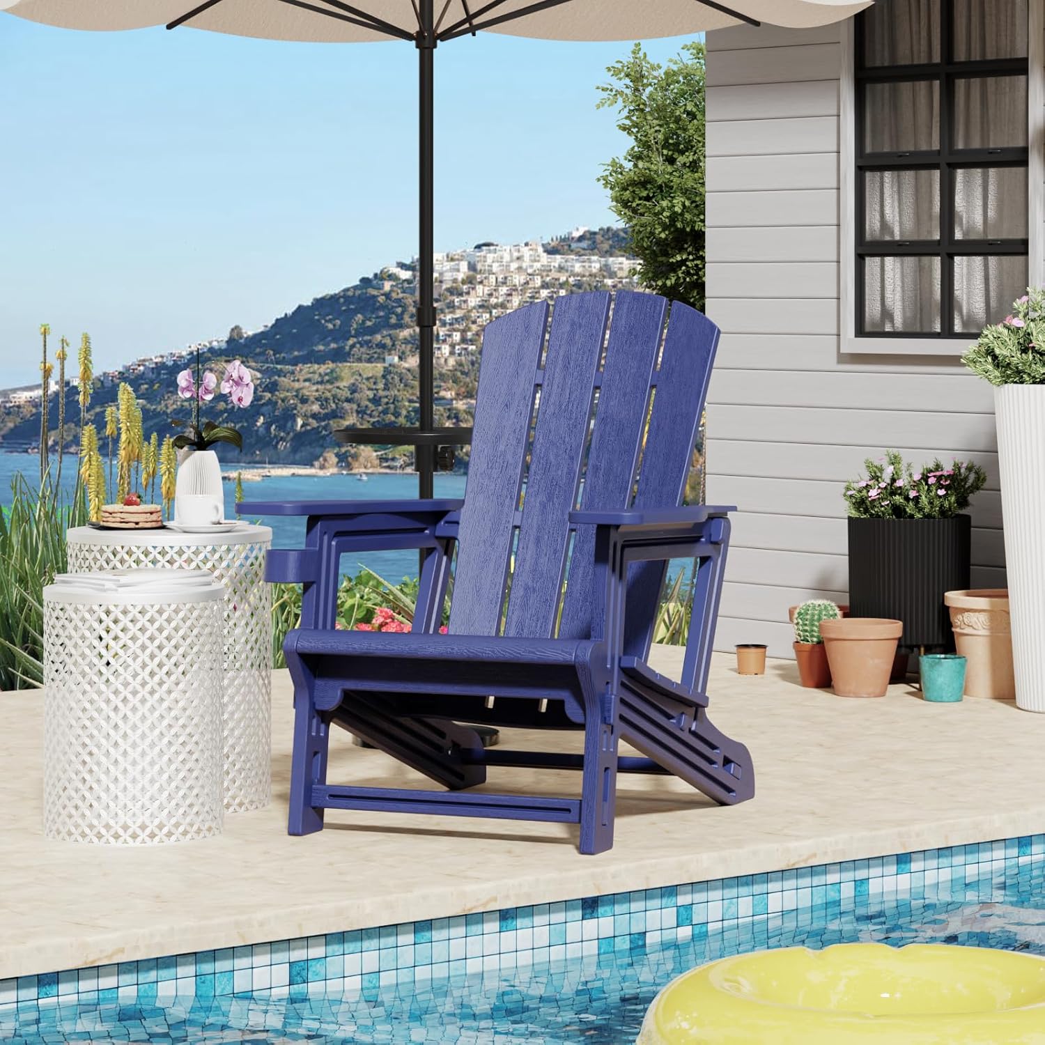 Adirondack Chair，Plastic Outdoor Chairs Without Screws Install，Patio Adirondack with Cup Holder，400 LBS Capacity Recliner Chair Garden Chair for Backyard Lawn Beach Navy Blue