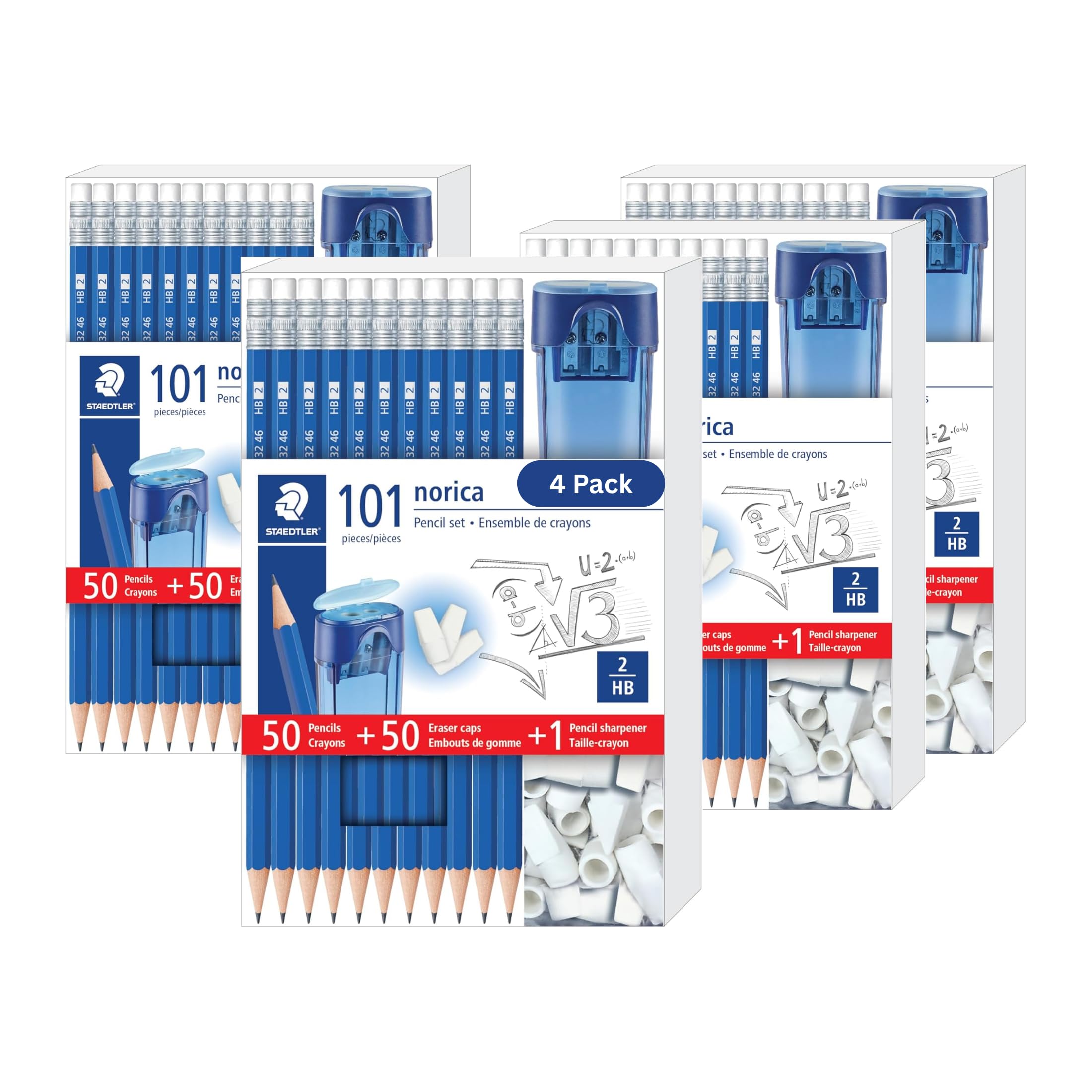 STAEDTLER Norica Bleistift-Set, 50 Bleistifte + 50 Radiergummis + Spitzer, 4 Stück | Vorgespitzte, #2 HB-Bleistifte, Doppellochspitzer, bruchfeste Mine, Schulpackung
