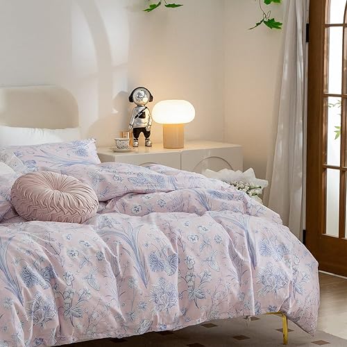 Miniatura 9 de Funda de edredón, 100 % algodón, juego de ropa de cama de 3 piezas con diseño floral en rosa para niñas, estampado elegante estilo jardín con ramas