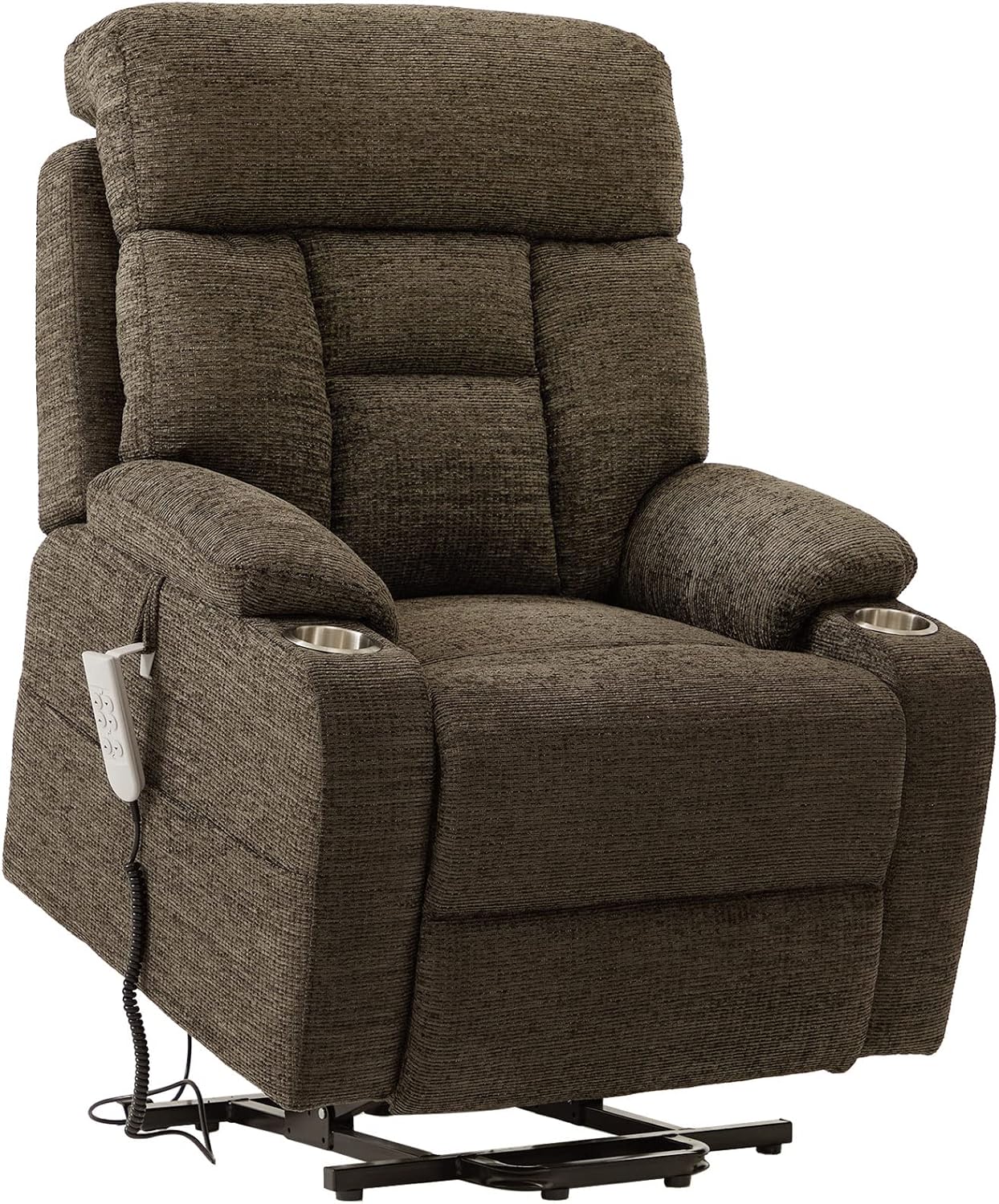 Power Lift Chair with Three OKIN Motor Electric Lift Recliner Chair for Elderly with Lumbar Support Lays Flat Chairs with Cup Holder and Side Pocket New Chenille (Light Brown)