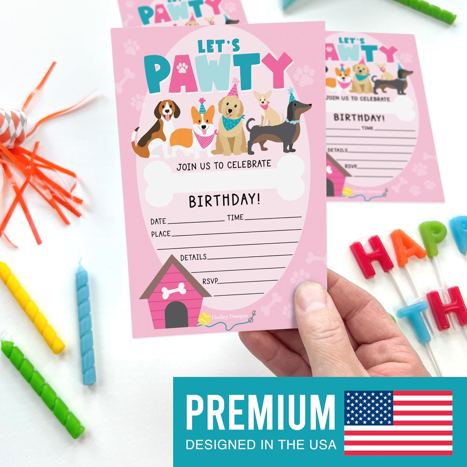 Hadley Designs Kids Birthday Invitations Girl Dog Themed - 30 Puppy Birthday Party Invitations For Girls with Envelopes, Let's Pawty Dog Invites For Girls, Pink Party Supplies, Designed in USA