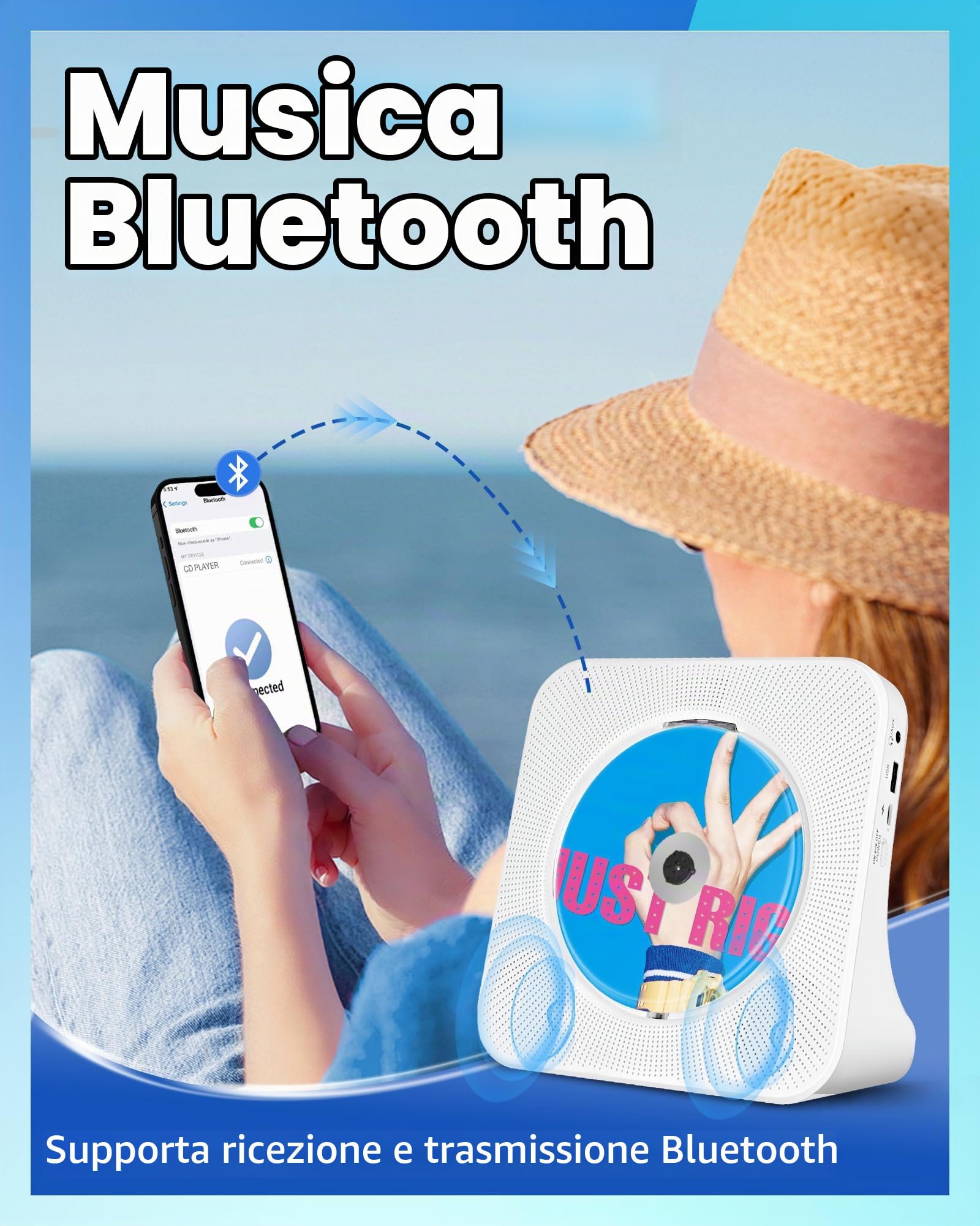 Lecteur CD rechargeable portable 4000mAh, lecteur CD stéréo avec Bluetooth | AUX, radio FM, USB, lecteur CD de bureau avec télécommande, couvercle poussière, écran LED