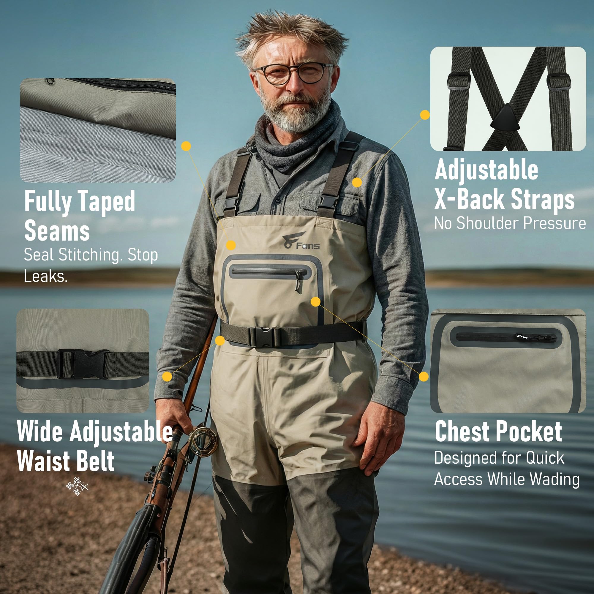 8 Fans Fishing Chest Waders for Men and Women, Waterproof Breathable Stockingfoot Wader -3 Layer Neoprene/Lightweight/Hunting
