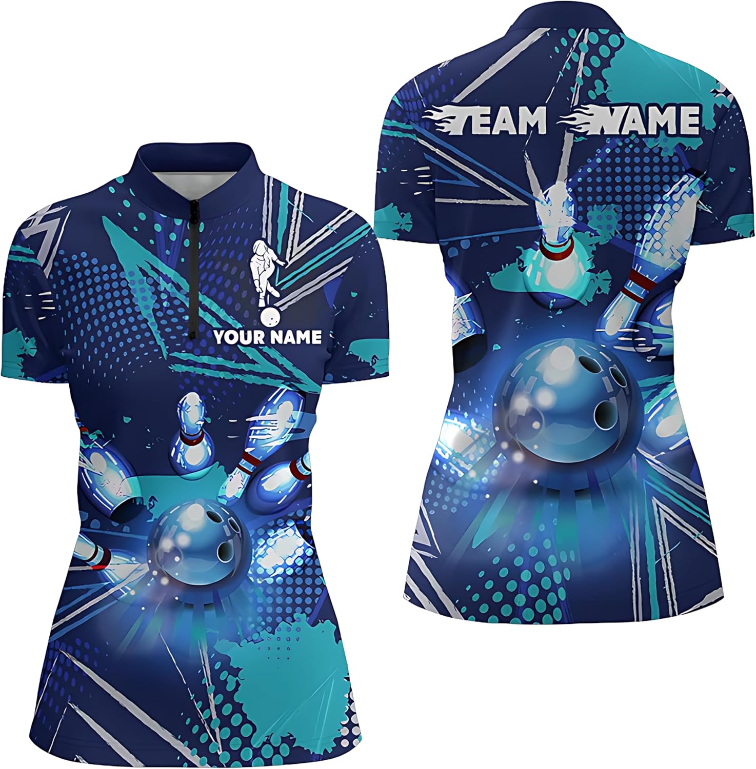 Personalized Women's Bowling Quarter Zip Jersey Blue Women's Bowling Jersey Bowling Team League Shirt D97