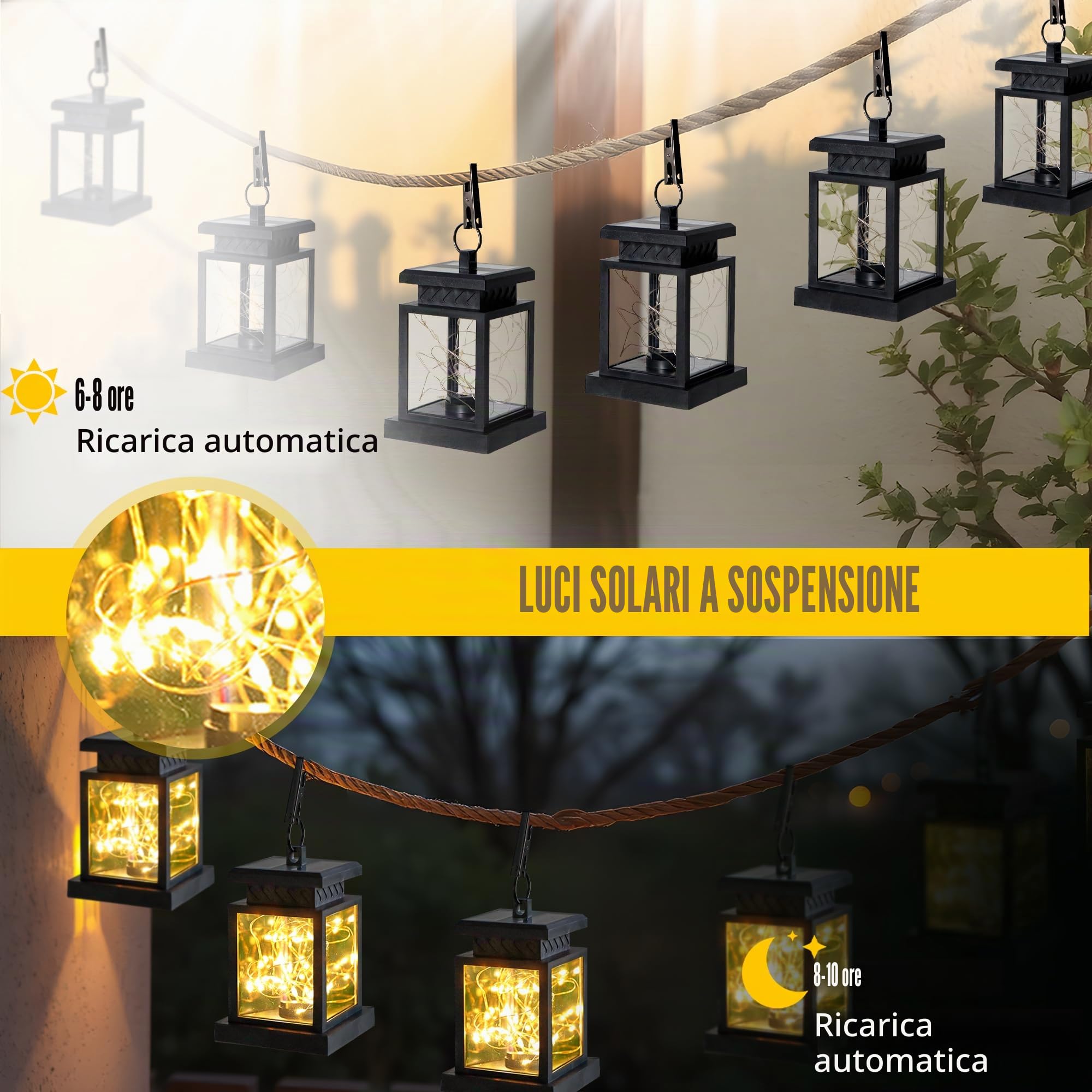 JHY DESIGN - Set di 6 lanterne solari per esterni, impermeabili, alimentate da energia solare, illuminazione a sospensione con luci LED calde per patio, giardino, decorazione paesaggistica, cortile
