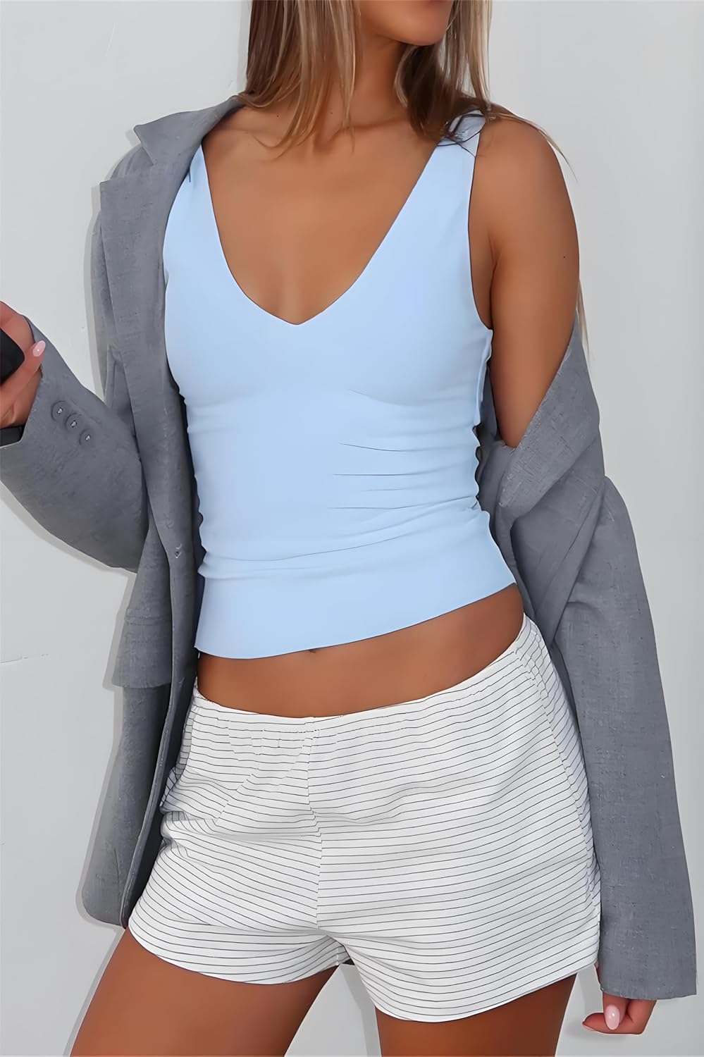 ForeFair Women's Sleevelsee V Neck Crop Tank Top Summer Double Layer Going Out Workout Casual Basic Tops - Image 4