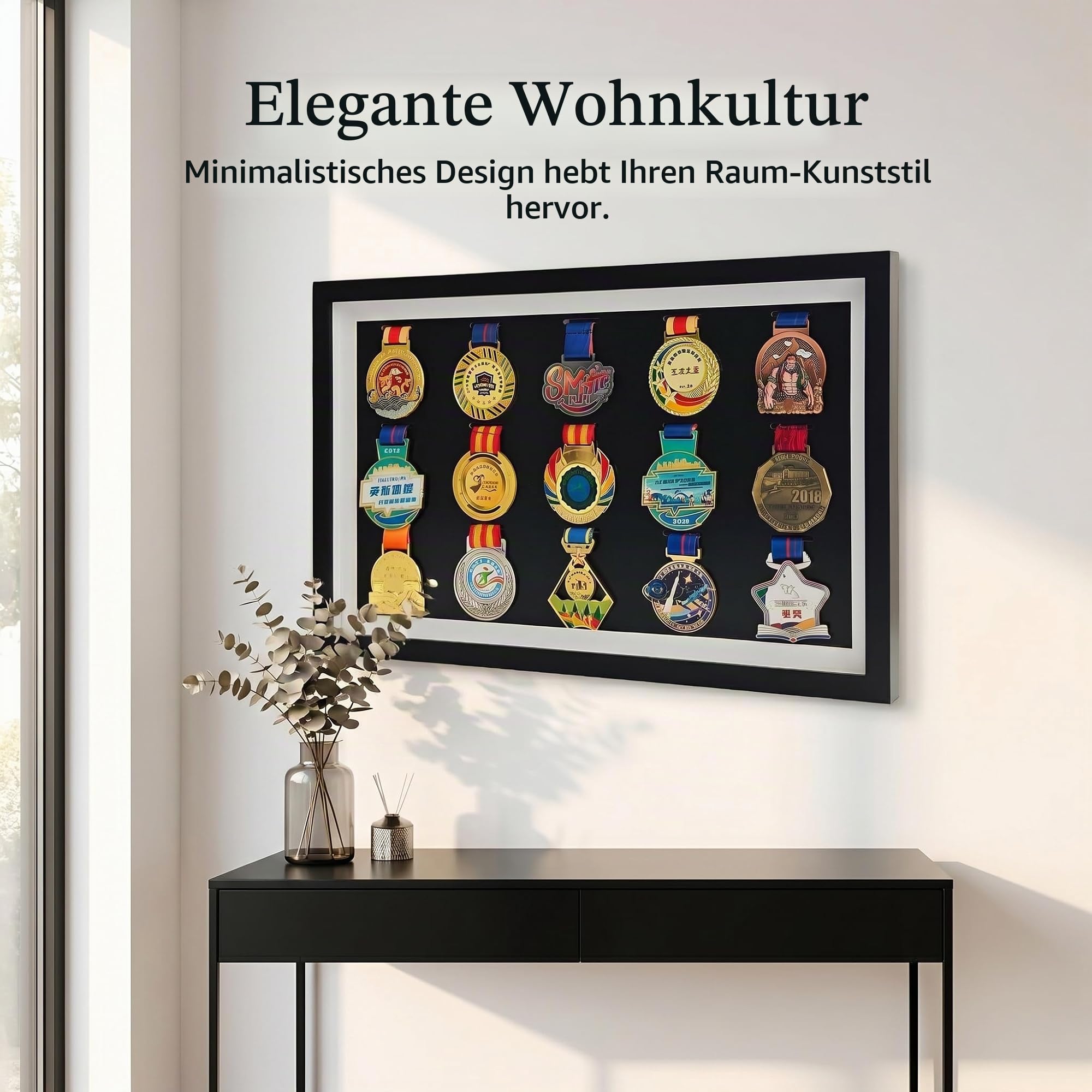 Große Medaille Display Shadow Box, 15 Medaillen Vitrine Medaille Display Rahmen Perfekte Medaille Display für Kriegsmilitär, Läufer, Marathon, Fußball, Gymnastik & alle Sportarten (Schwarz)
