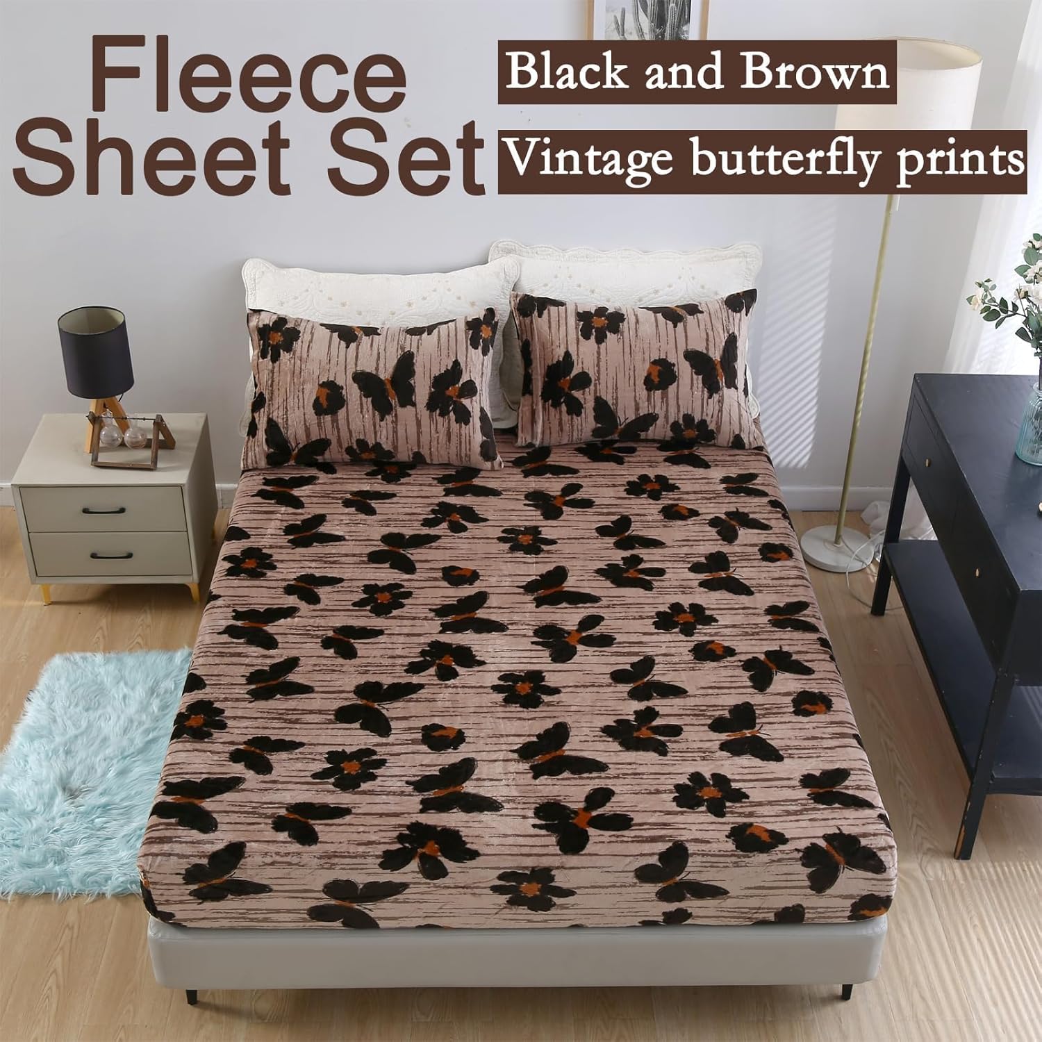 MAG 3Pcs Butterfly Queen Fleece Sheet Set,Black Insect Queen Size Bed Set,Super Soft Fluffy Warm Microfiber for Women Men,with 1*Fitted Sheet + 2*Pillowcases.