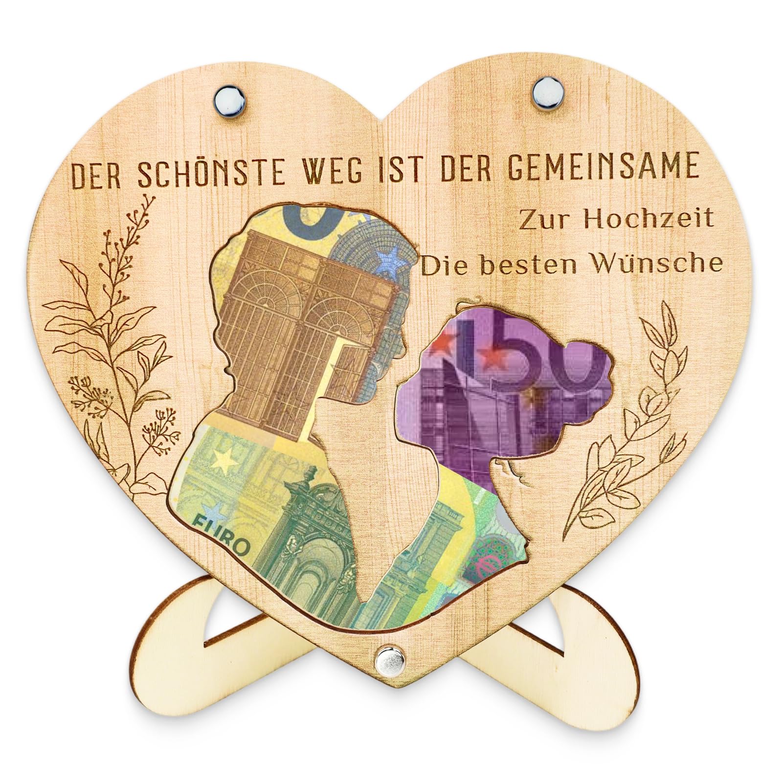 Geldgeschenk Hochzeit Holzherz, Personalisiertes Hochzeitsgeschenk für Brautpaar, Elegante Geldgeschenk Verpackung, Lasergravur Holzkarte mit Ständer, Originelle Tischdeko für Hochzeit