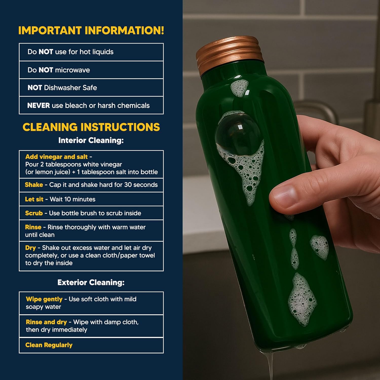 Custom Personalized Pure Copper Water Bottle for Drinking with Your Name Engraved | 33 Oz | Smooth Glossy Painted Finish | Copper Plated Lid | Green