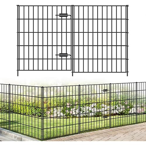 Metal Garden Fence with Gate 33.3in (H) x 23.3ft (L), 1 Gate + 9 Panels Dog Fence Border Fence Animal Barrier, No Dig Garden Fencing for Yard Flower Bed Lawn Patio Outdoor, PIN332810G Black