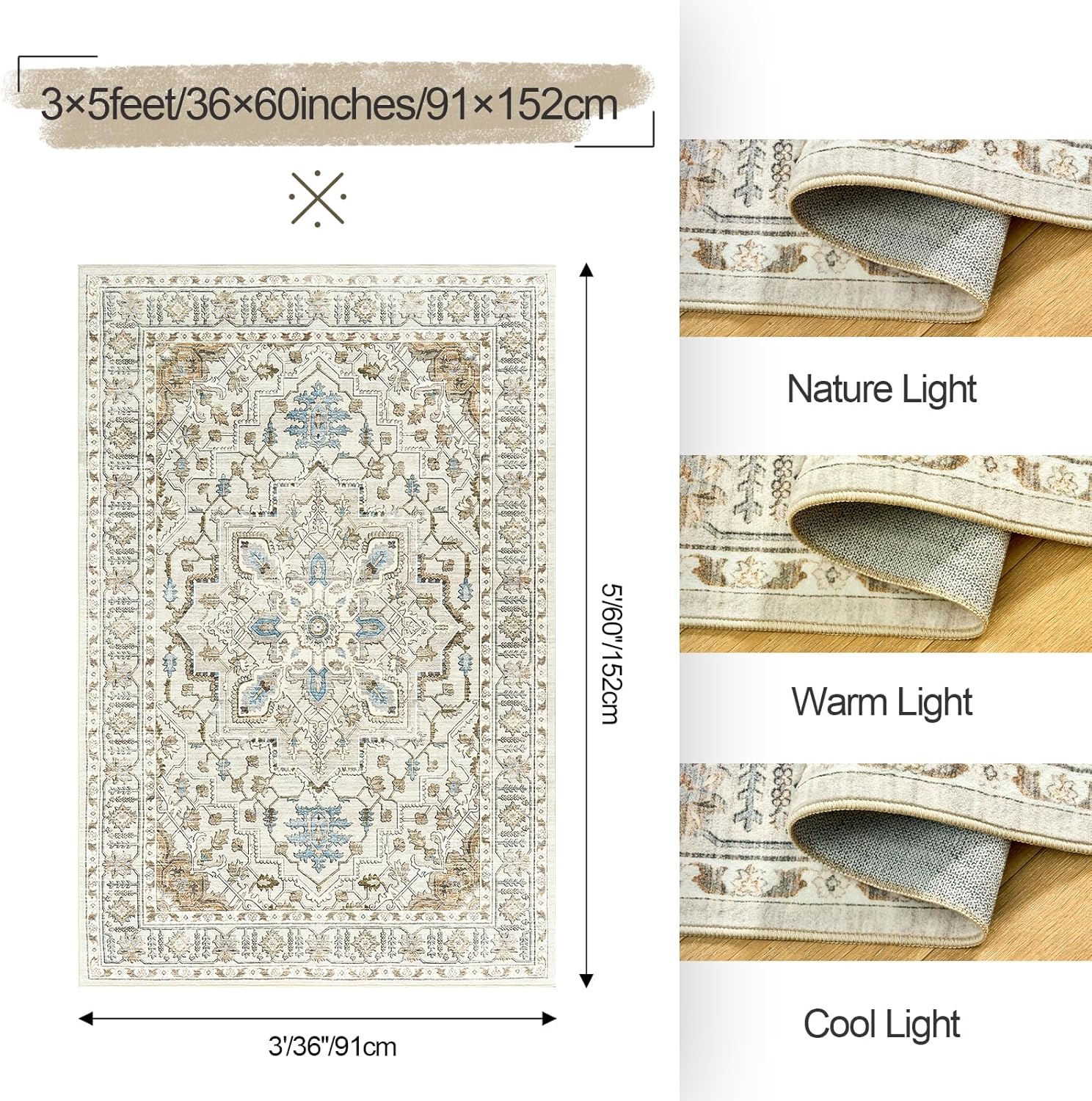 Area Rugs for Living Room - 3x5, Boho Non-Slip Low Pile Carpet Machine Washable Rugs for Bedroom Office, Dining Room (Beige)