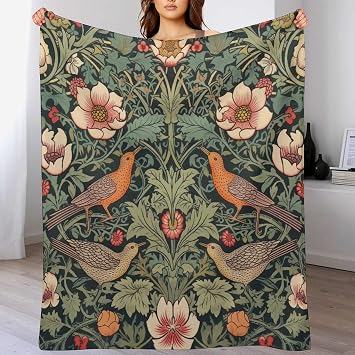 William Morris Throw Blanket, Vintage Old Art Rustic Green Plants Flowers Leaves Birds Blanket for Couch Sofa Bed Decorative Gifts 30x40