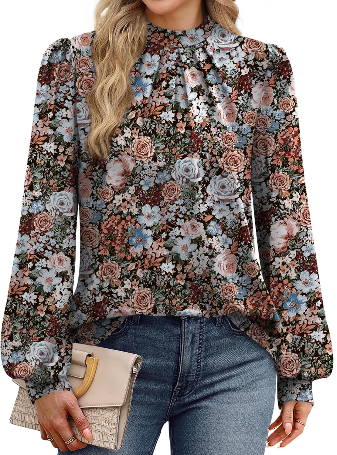 WIHOLL Long Sleeve Shirts for Women Mock Neck Tops Pleated Front Blouses Dressy Casual Spring Fall Clothes 2026 Fashion