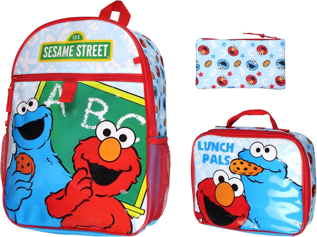Barrio Sésamo ABC Cookie Monster Elmo 3 PC Mochila lonchera estuche para lápices 16"