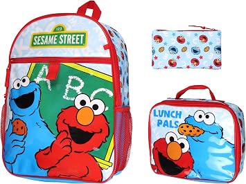INTIMO Sesame Street ABC Cookie Monster Elmo 3 PC Backpack Lunch Box Pencil Pouch 16"