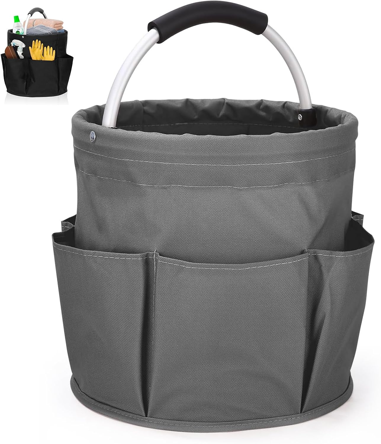 Cleaning Agent Organiser, 28 x 28 cm Cleaning Bag, Foldable Storage Basket, Universal Cleaning Caddy, with Handle and 6 Compartments, Cleaning Bag for Indoor, Garden, Bathroom (Grey)