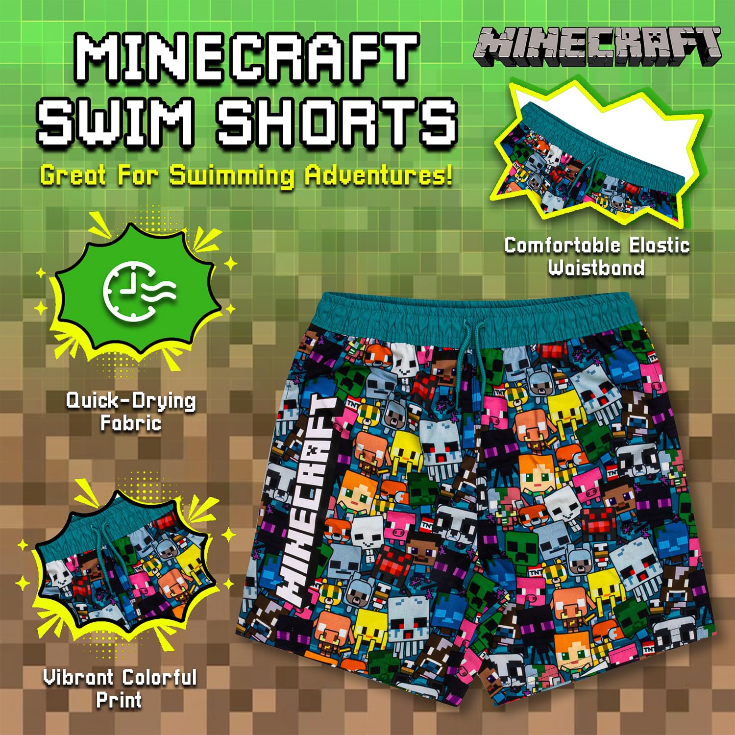 Minecraft Short de bain pour garçons de 5 à 12 ans