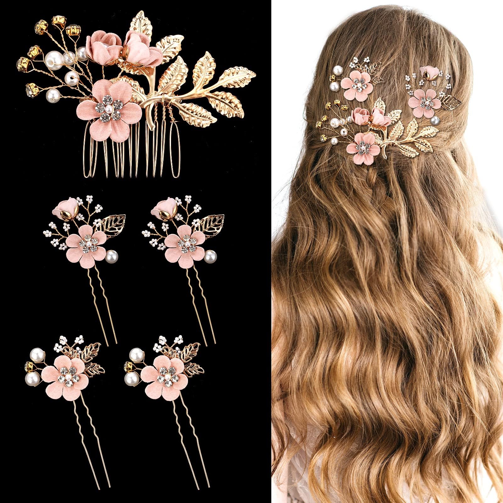 Yolev 5 Pcs Bridal Hair Accessories - Wedding Hair Comb & Pins with Pearl Crystal & Flowers - Pink Bridesmaid Accessories for Women & Girls