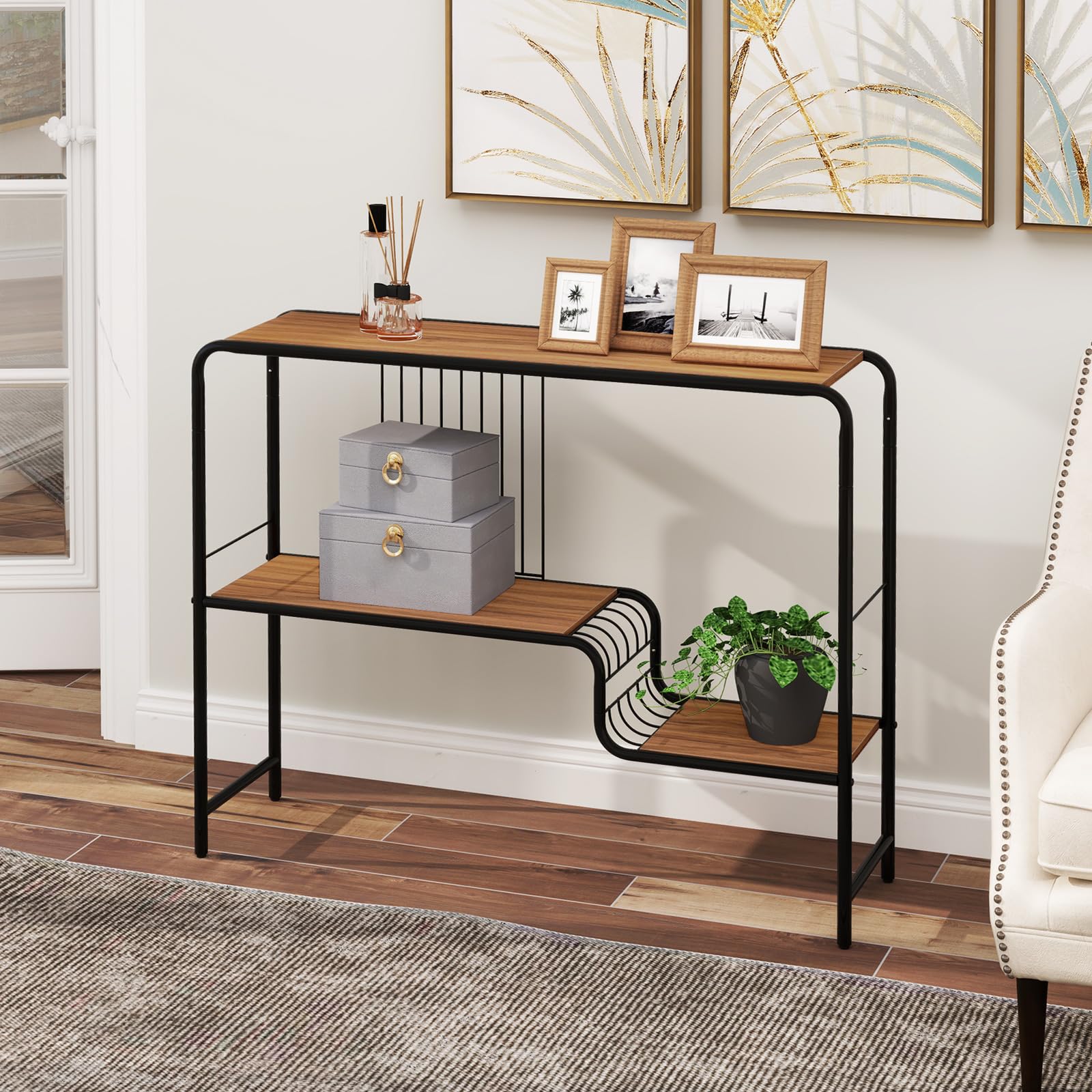 Tavolino Da Salotto Tavolo Consolle A 3 Livelli COSTWAY - In Legno E Acciaio, Stile Industriale, 100x30x91,5 Cm, Carico Max 50 Kg Tavolo Organizzatore Ingresso