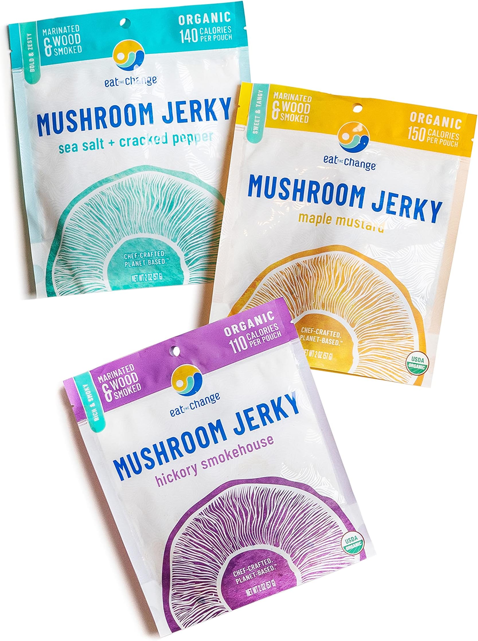 EAT THE CHANGE Mushroom Jerky Best Sellers Variety Pack | 150 Calories or Less Per Bag, Planet Based Organic and Chef Crafted | Pack of 3 2oz Bags