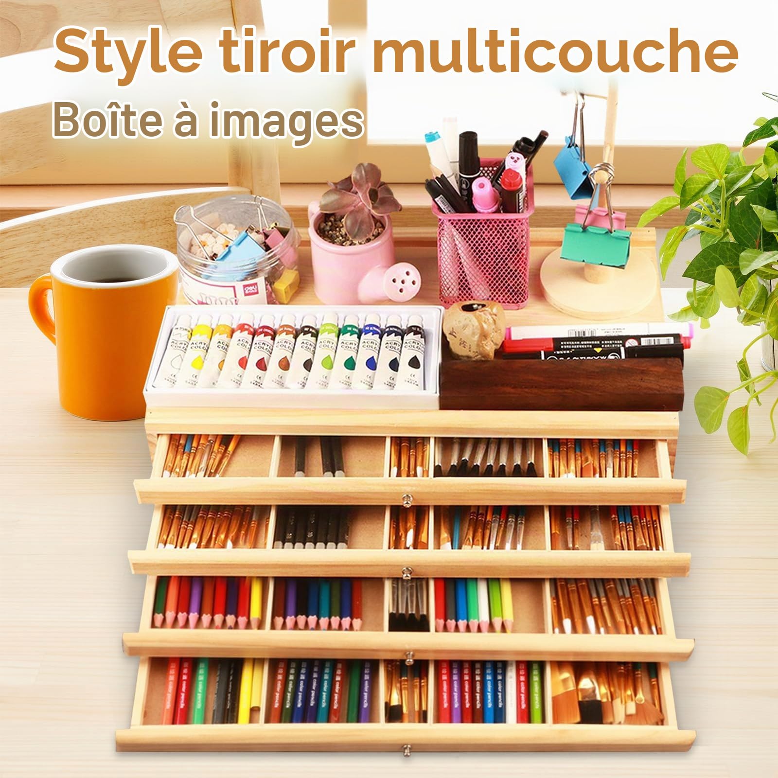 Boîte de Rangement Pour Pinceaux, Boîte de Rangement En Bois Pour Fournitures D'artiste Avec 4 Tiroirs Amovibles, Caja de Almacenamiento de Arte de Pino Premium Pour Crayons, Stylos, Pinceaux