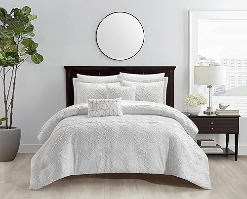 Chic Home Jane - Juego de edredón blanco en una bolsa, tamaño Queen (5 piezas), ropa de cama de poliéster con diseño jacquard con patrón geométrico