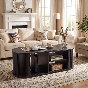 Coffee Table with Storage, Extendable Coffee Tables with Sliding Doors, Two Tiers Shelves, Mid Century Center Table for Living Room Black