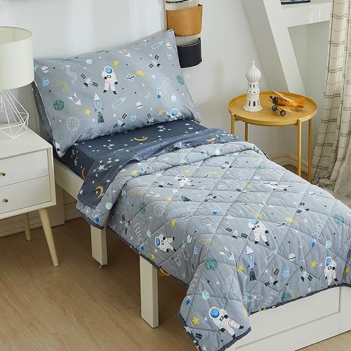 Miniatura 4 de Brandream Juego de cama infantil de 5 piezas en una bolsa, Ouer Space Rocket Galaxy con 2 sábanas bajeras, 100% algodón