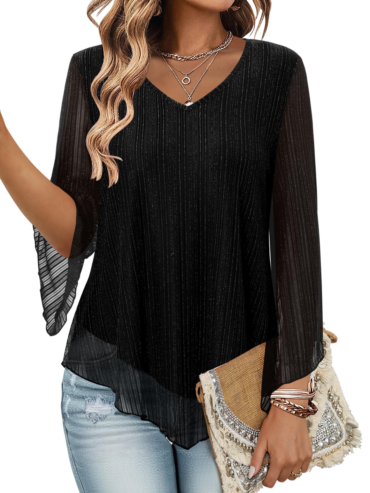 – Womens V Neck Dressy Blouses Double Layers Mesh Shirts Ruffle 3/4 Flared Sleeve Tunic Tops