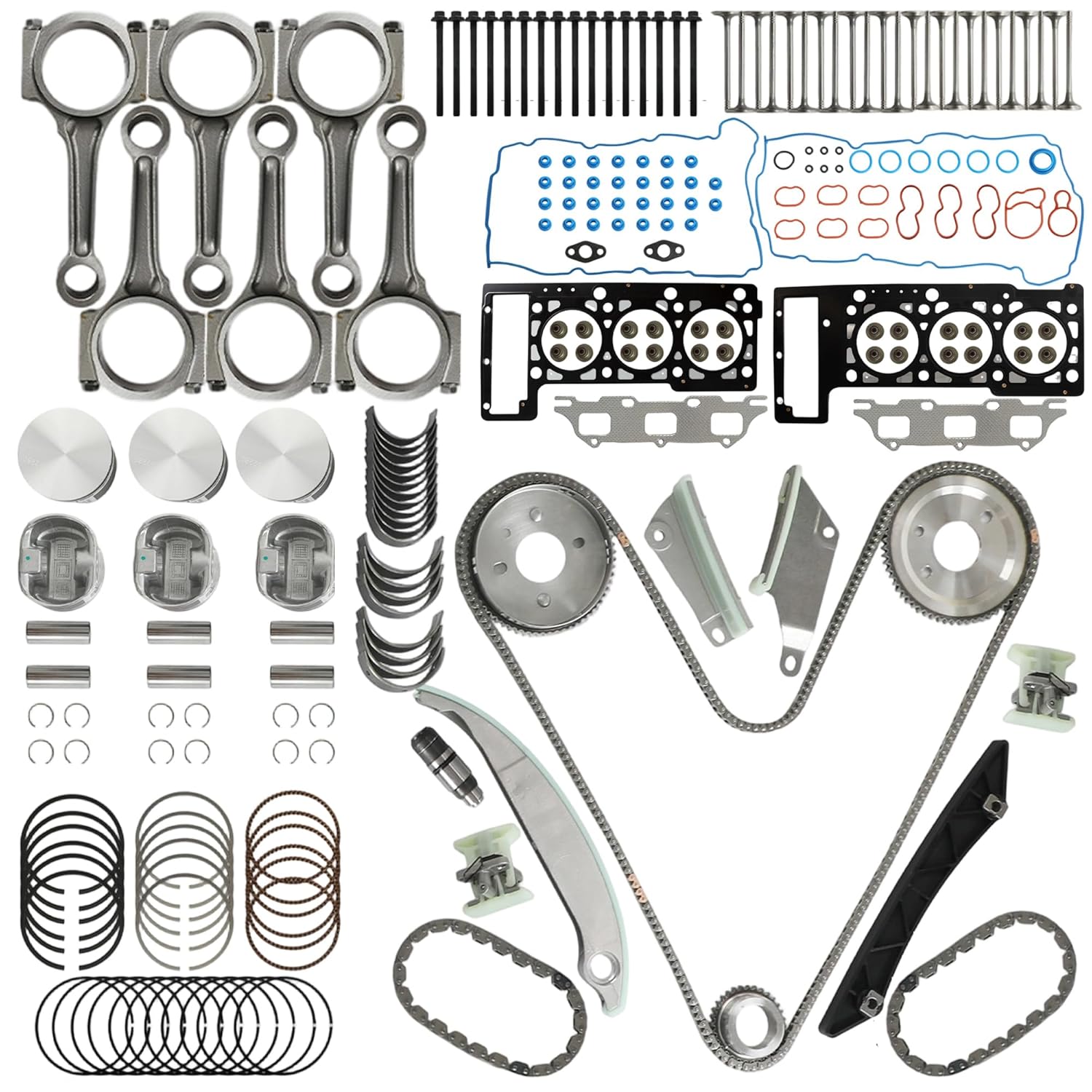 2.7 Head Gasket Set Timing Chain Kit Piston Kit Connecting Rod & Bearing Valve for Jeep Dodge Chrysler 300 Sebring Avenger Charger 2.7L V6 24V DOHC 2736cc 2009-2010 TK1116A 9-0397SX