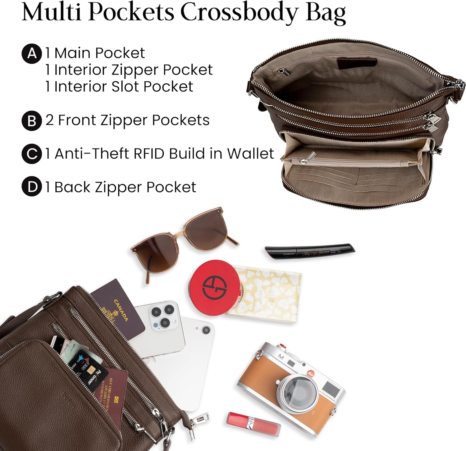 befen Genuine Leather Crossbody Bags for Women, Medium Anti-Theft Shoulder Purse with Built in RFID Wallet for Travel - Image 3