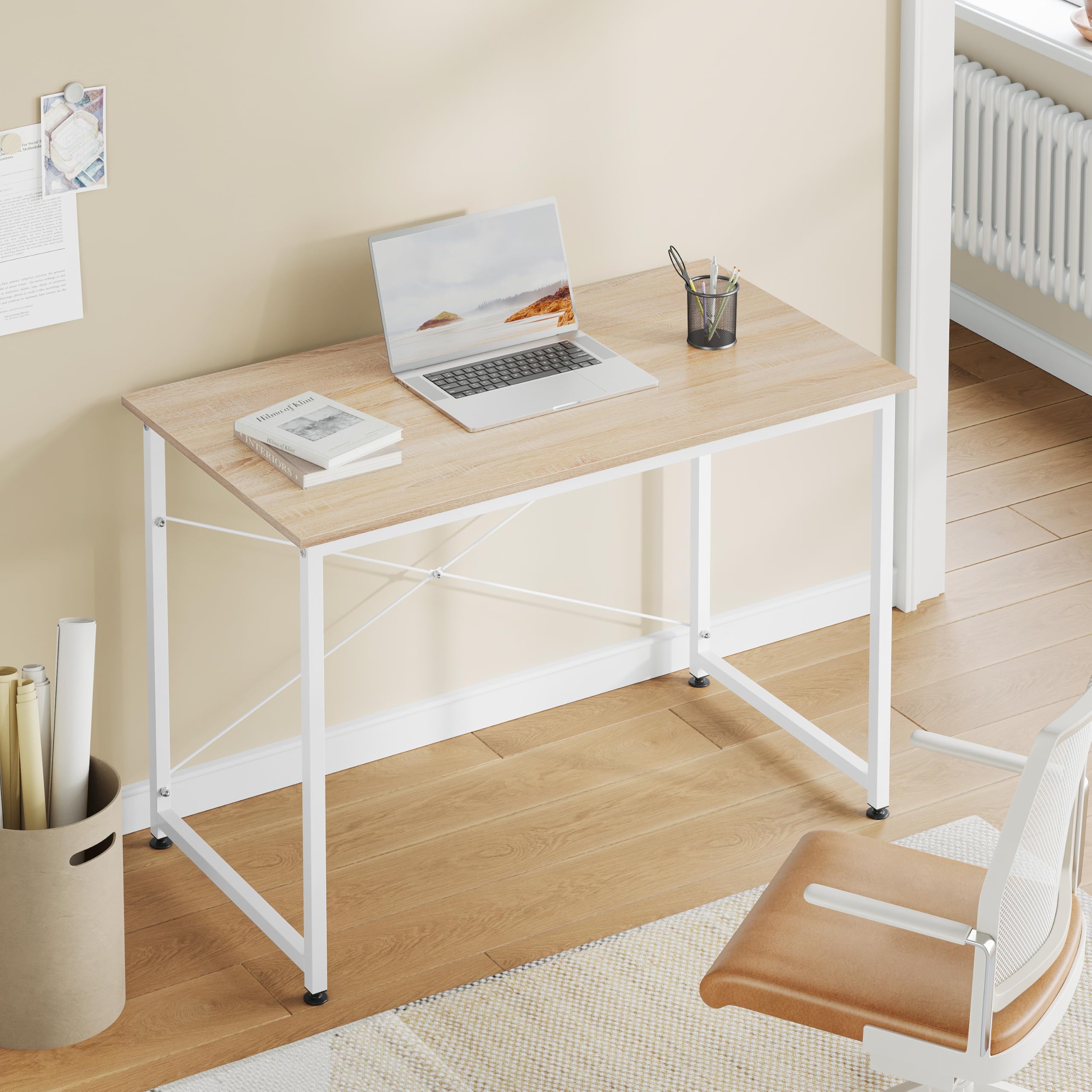WOLTU Scrivania per Computer Piccola, 100x50 cm, Struttura in Metallo, Salvaspazio, per Ufficio Casa Studio Camera da Letto, in Materiale a Base di Legno, Rovere Chiaro