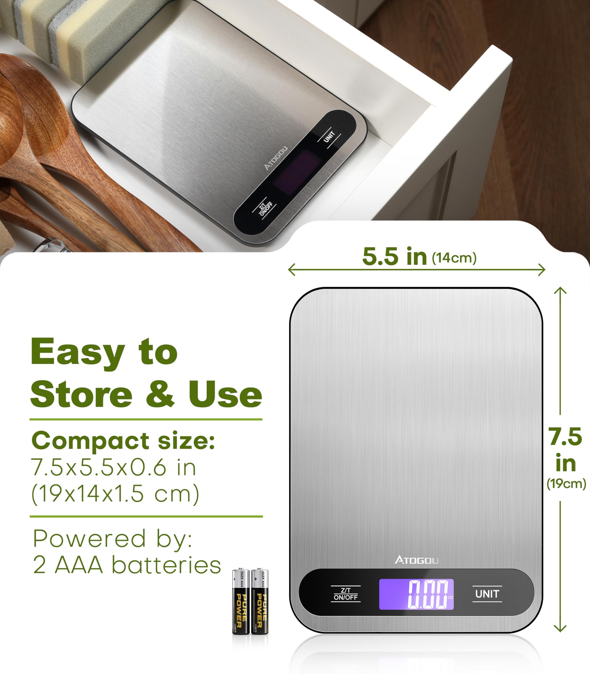 Atogou Báscula digital de cocina de 15 kg con pantalla LCD de visión completa | Superficie de acero inoxidable duradera, para cocinar, hornear, preparar comidas, color negro