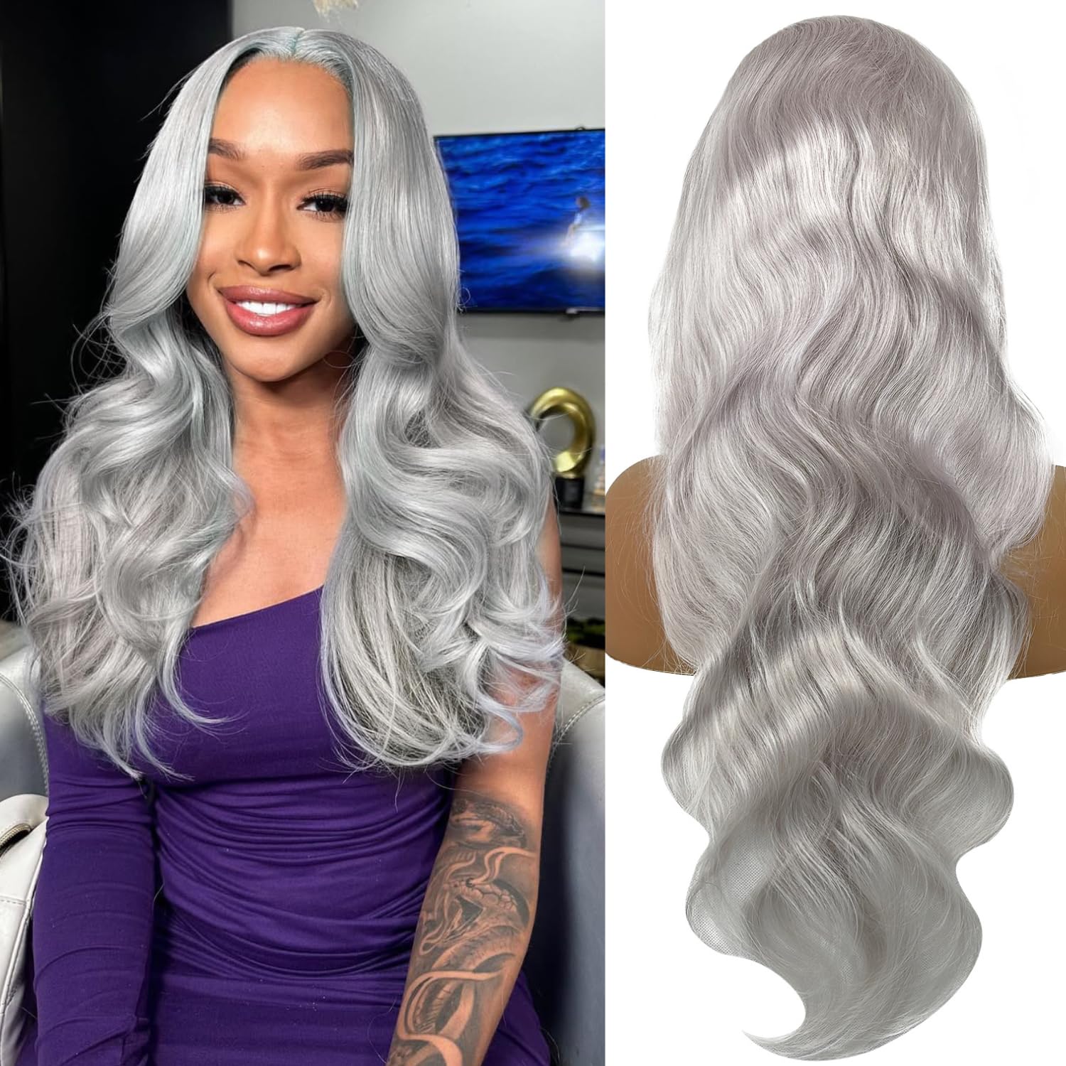 30 Inch Grey Lace Front Wigs Human Hair Sliver Grey Body Wave 13x6 HD Lace Front Wigs Human Hair 180% Density Pre Plucked With Baby Hair for Women