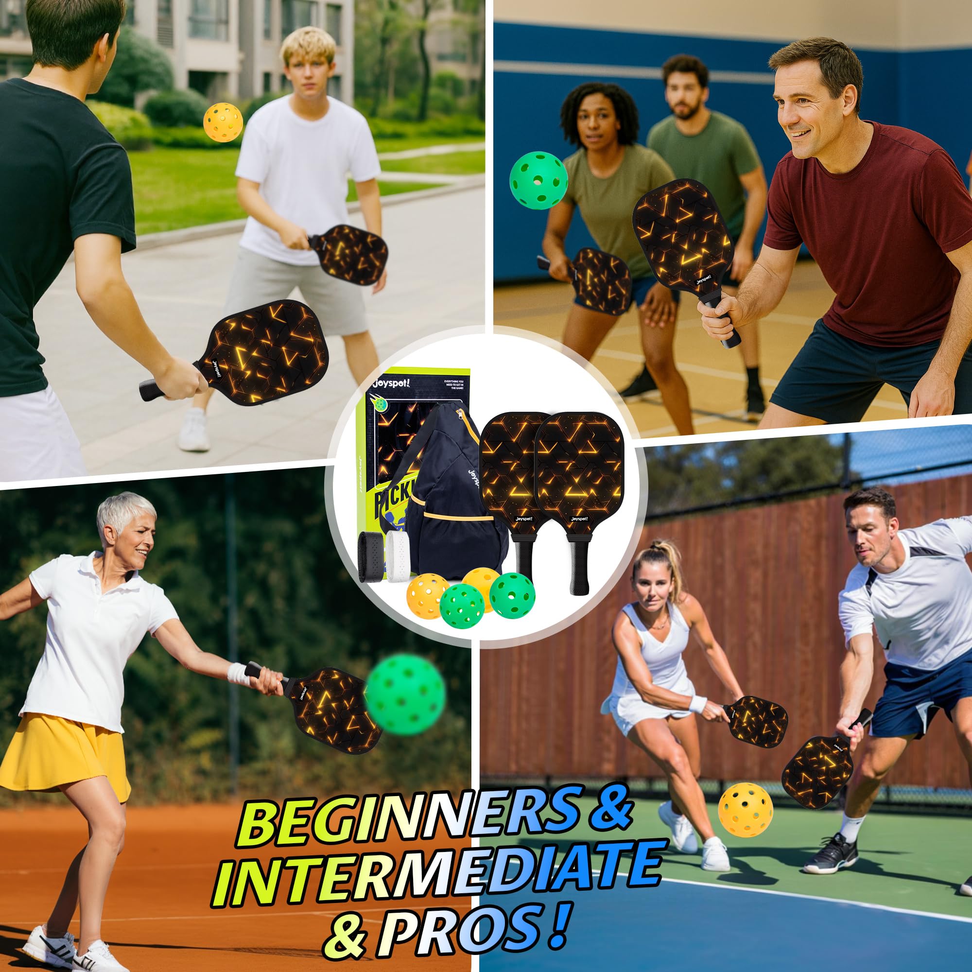 JOY SPOT! Pickleball Schläger 2 Pack mit 4 Bällen und Tragetasche – Leichte Schläger mit Fiberglas-Oberfläche für Männer, Frauen und Anfänger – Perfekt für das Spielen im Innen- und Außenbereich