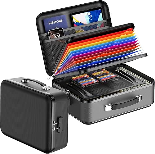 Caja de documentos ignífuga con cerradura, organizador de archivos rígido impermeable con carpeta de acordeón, caja de seguridad portátil ignífuga