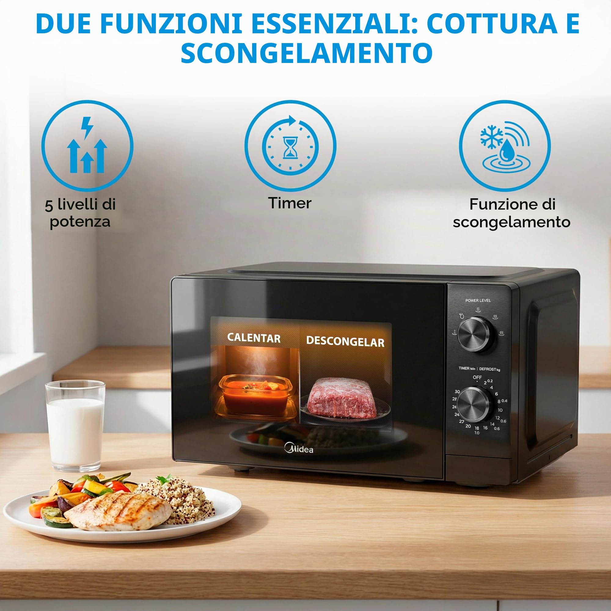 Midea Microonde da 20 litri e 700 W di potenza, forno a microonde nero da tavolo con piatto girevole, funzione scongelamento, 5 livelli di potenza, timer, forno a microonde senza grill