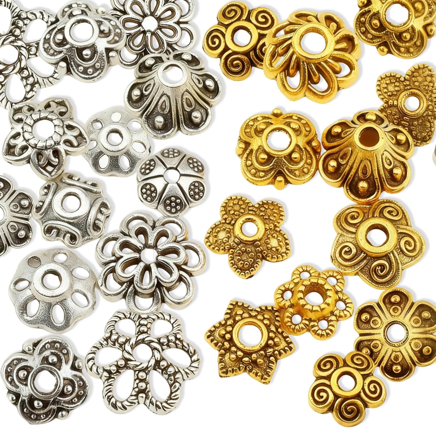 160Pcs Spacer Beads Caps, Gold & Silver 16 Shapes Bali Style Mixed Tibetan Silver and Antique Gold Flower Bead Caps for Bracelet Necklace Earrings Jewelry Making Supplies - Image 3