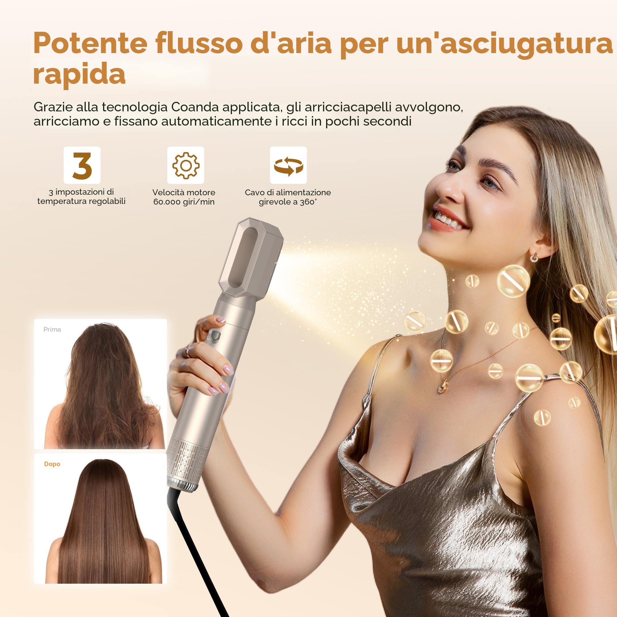 UKLISS Hairstyler Airstyler 6 in 1 Asciugacapelli, Set di Spazzole per Asciugacapelli 1000 W, Arricciacapelli con Aria, Spazzole per Styling, 3 Regolazioni della Temp, Regali Set per Donn (Oro)